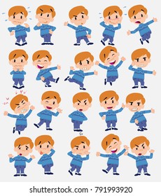 Cartoon character white boy in jeans. Set with different postures, attitudes and poses, doing different activities in isolated vector illustrations.																									