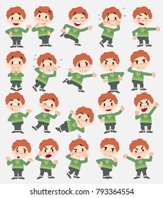 Cartoon character white boy in jeans. Set with different postures, attitudes and poses, doing different activities in isolated vector illustrations.																									