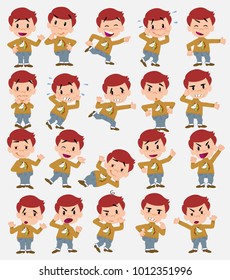 Cartoon character white boy with a unicorn pullover. Set with different postures, attitudes and poses, doing different activities in isolated vector illustrations.	