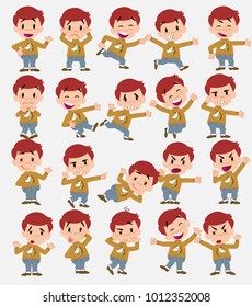 Cartoon character white boy with a unicorn pullover. Set with different postures, attitudes and poses, doing different activities in isolated vector illustrations.																									