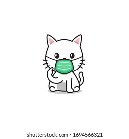 Cartoon character white cat wearing protective face mask for design.