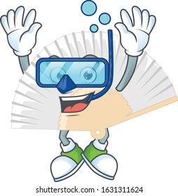 cartoon character of white chinese folding fan wearing Diving glasses