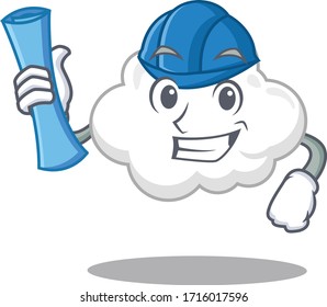Cartoon character of white cloud brainy Architect with blue prints and blue helmet