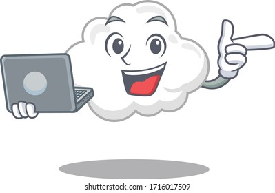Cartoon character of white cloud clever student studying with a laptop