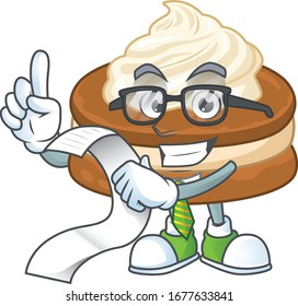 cartoon character of white cream alfajor holding menu on his hand