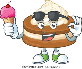 cartoon character of white cream alfajor enjoying an ice cream