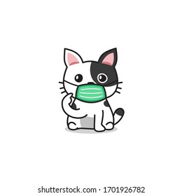 Cartoon character white cute cat wearing protective face mask for design.