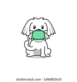 Cartoon character white dog wearing protective face mask for design.