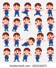 Cartoon character white girl in jeans. Set with different postures, attitudes and poses, doing different activities in isolated vector illustrations.																									