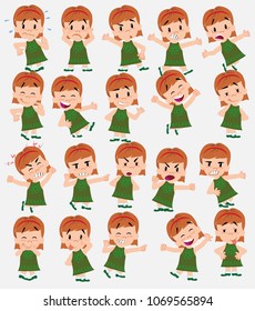 Cartoon character white girl. Set with different postures, attitudes and poses, doing different activities in isolated vector illustrations.