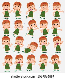 Cartoon character white girl. Set with different postures, attitudes and poses, doing different activities in isolated vector illustrations.