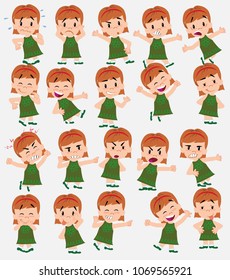 Cartoon character white girl. Set with different postures, attitudes and poses, doing different activities in isolated vector illustrations.