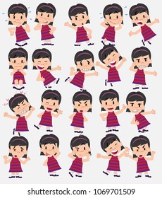 Cartoon character white girl. Set with different postures, attitudes and poses, doing different activities in isolated vector illustrations.