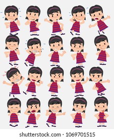 Cartoon character white girl. Set with different postures, attitudes and poses, doing different activities in isolated vector illustrations.