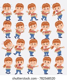 Cartoon character white girl with sweater. Set with different postures, attitudes and poses, doing different activities in isolated vector illustrations.
