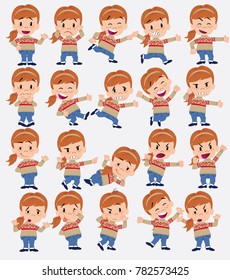 Cartoon character white girl with sweater. Set with different postures, attitudes and poses, doing different activities in isolated vector illustrations.
