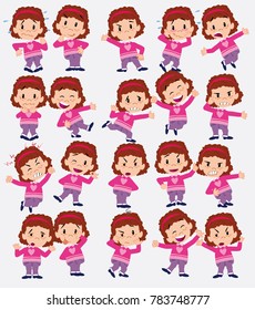 Cartoon character white girl with sweater. Set with different postures, attitudes and poses, doing different activities in isolated vector illustrations.
