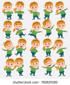 Cartoon character white girl with sweater. Set with different postures, attitudes and poses, doing different activities in isolated vector illustrations.																									