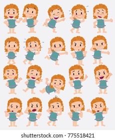 Cartoon character white girl in a swimsuit. Set with different postures, attitudes and poses, doing different activities in isolated vector illustrations.
