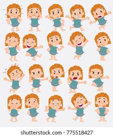 Cartoon character white girl in a swimsuit. Set with different postures, attitudes and poses, doing different activities in isolated vector illustrations.
