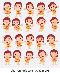 Cartoon character white girl in a swimsuit. Set with different postures, attitudes and poses, doing different activities in isolated vector illustrations.