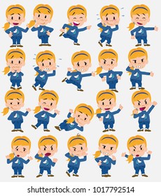 Cartoon character white girl with a unicorn pullover. Set with different postures, attitudes and poses, doing different activities in isolated vector illustrations.																									