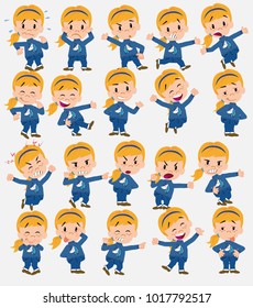Cartoon character white girl with a unicorn pullover. Set with different postures, attitudes and poses, doing different activities in isolated vector illustrations.																									