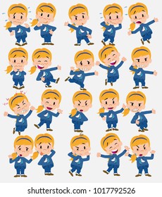 Cartoon character white girl with a unicorn pullover. Set with different postures, attitudes and poses, doing different activities in isolated vector illustrations.																									
