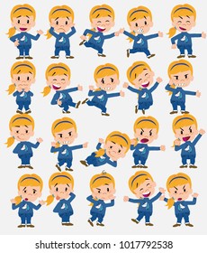 Cartoon character white girl with a unicorn pullover. Set with different postures, attitudes and poses, doing different activities in isolated vector illustrations.																									
