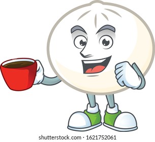 cartoon character of white hoppang with a cup of coffee