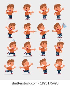 Cartoon character white little boy. Set with different postures, attitudes and poses, doing different activities in isolated vector illustrations