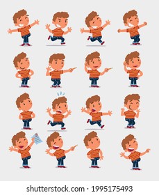 Cartoon character white little boy. Set with different postures, attitudes and poses, doing different activities in isolated vector illustrations