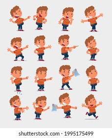 Cartoon character white little boy. Set with different postures, attitudes and poses, doing different activities in isolated vector illustrations