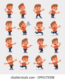 Cartoon character white little boy. Set with different postures, attitudes and poses, doing different activities in isolated vector illustrations