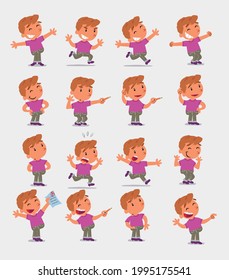 Cartoon character white little boy. Set with different postures, attitudes and poses, doing different activities in isolated vector illustrations