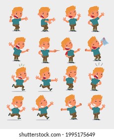 Cartoon character white little boy. Set with different postures, attitudes and poses, doing different activities in isolated vector illustrations