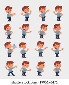 Cartoon character white little boy. Set with different postures, attitudes and poses, doing different activities in isolated vector illustrations 