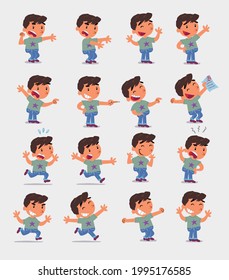Cartoon character white little boy. Set with different postures, attitudes and poses, doing different activities in isolated vector illustrations 