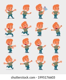 Cartoon Character White Little Boy. Set With Different Postures, Attitudes And Poses, Doing Different Activities In Isolated Vector Illustrations 