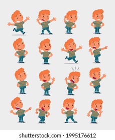 Cartoon character white little boy. Set with different postures, attitudes and poses, doing different activities in isolated vector illustrations 