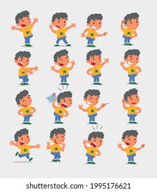 Cartoon character white little boy. Set with different postures, attitudes and poses, doing different activities in isolated vector illustrations 