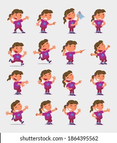 Cartoon character white little girl. Set with different postures, attitudes and poses, doing different activities in isolated vector illustrations