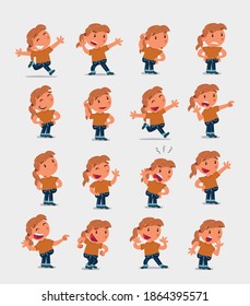 Cartoon character white little girl. Set with different postures, attitudes and poses, doing different activities in isolated vector illustrations