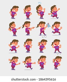 Cartoon character white little girl. Set with different postures, attitudes and poses, doing different activities in isolated vector illustrations