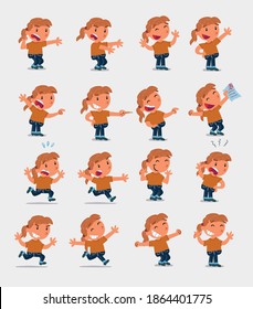 
Cartoon character white little girl. Set with different postures, attitudes and poses, doing different activities in isolated vector illustrations
