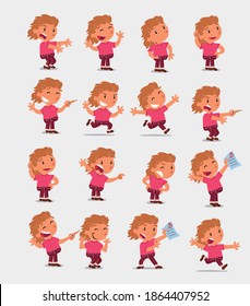 
Cartoon character white little girl. Set with different postures, attitudes and poses, doing different activities in isolated vector illustrations
