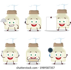 Cartoon character of white pepper bottle with various chef emoticons. Vector illustration