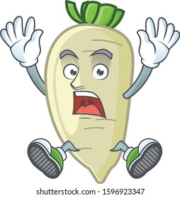Cartoon character of white radish style with shocking gesture