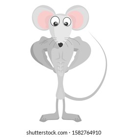 Cartoon character - a white rat. Strong mouse. Rat athlete. Vector.