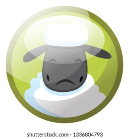 Cartoon character of white sheep looking sad vector illustration in light green circle on white background.